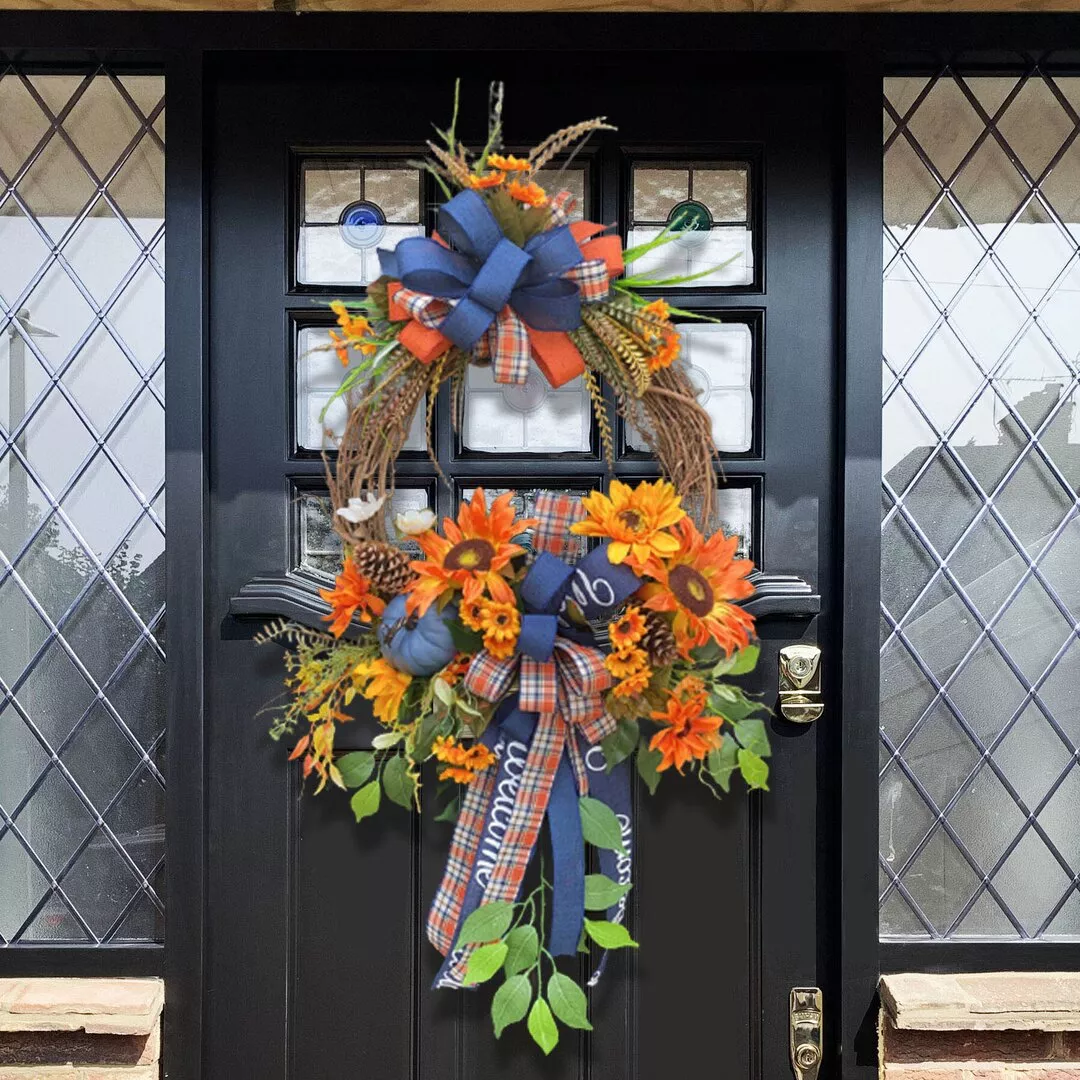 Blue Autumn Pumpkin Swag Fall Door Wreath