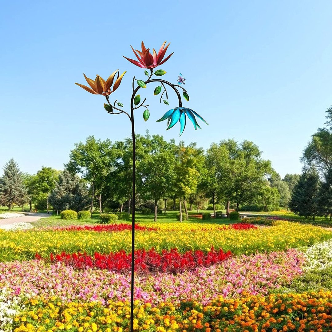 Large Metal Wind Spinner with Three Spinning Flowers and Butterflies