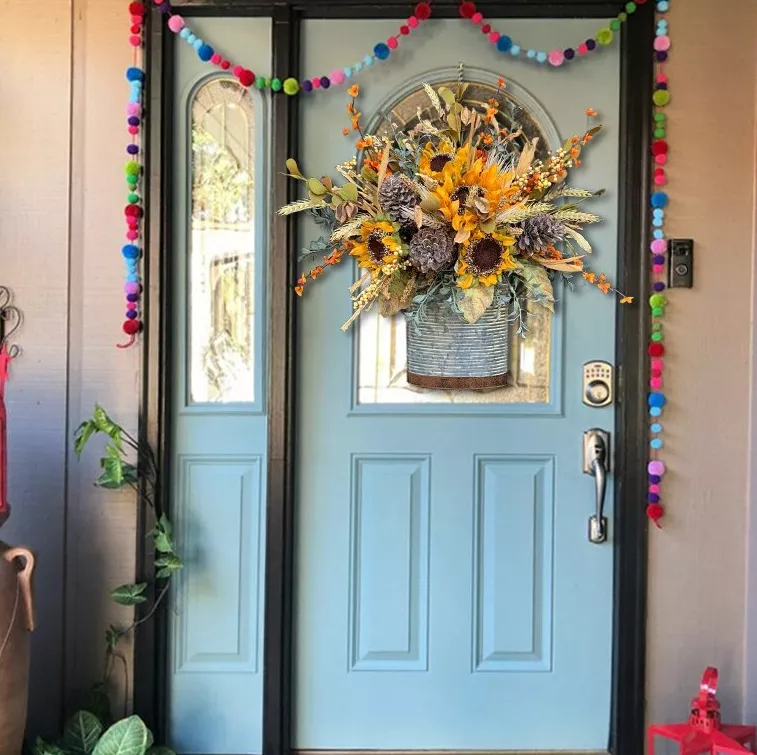 Farmhouse Sunflower Door Basket-The Flowerpot Door Wreath is Unique,Spring Summer Artificial Flowers Decor,Beautiful Artificial Wreath Decor