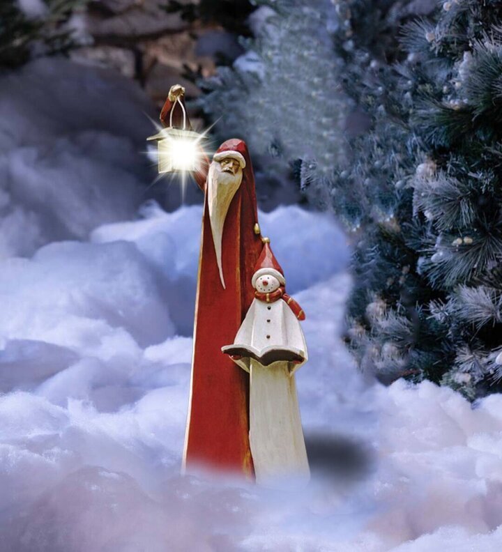 Santa And Snowman Sculpture With Solar Lantern
