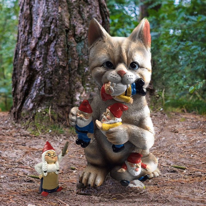 Cat Eating Gnomes Statue
