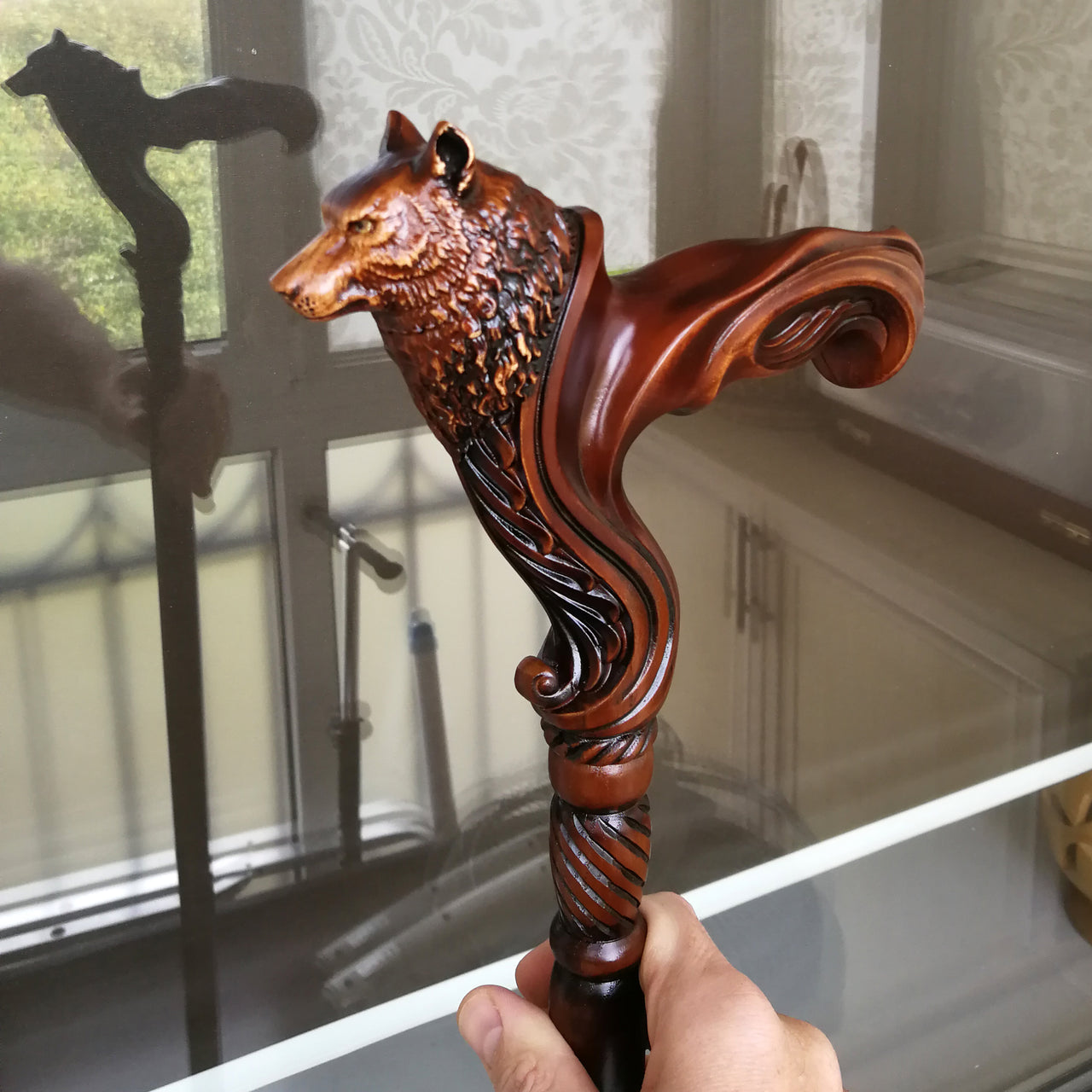 Wolf Wooden Walking Cane stick - Ergonomic Palm Grip Handle