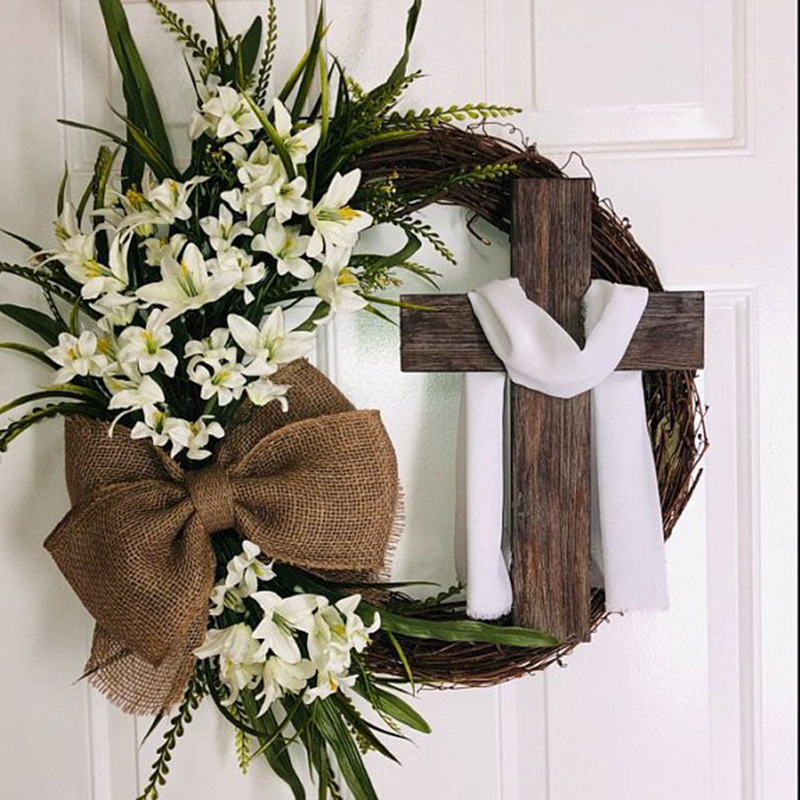 Easter Wreath With Cross Burlap Bow Rustic Grapevine Wreath DIY Easter Front Door Wreath Decoration