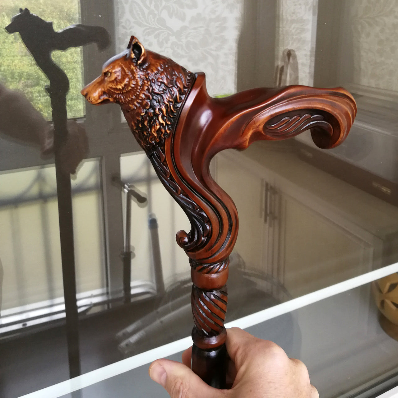 Wolf Wooden Walking Cane stick - Ergonomic Palm Grip Handle