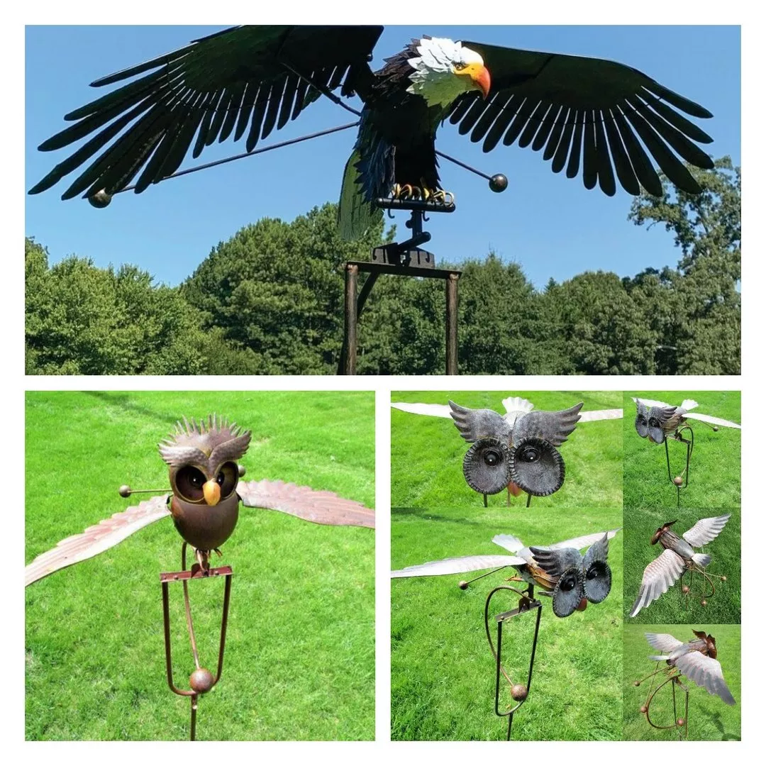Metal Kinetic Owl Outdoor Decorative Garden Art Outdoor Garden Pile Ornament