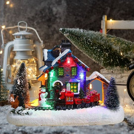 Christmas Snow House Figurines with LED Light Miniature Statue