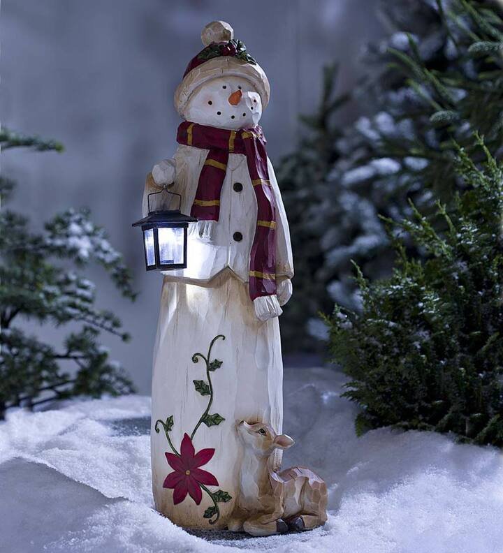 Santa And Snowman Sculpture With Solar Lantern