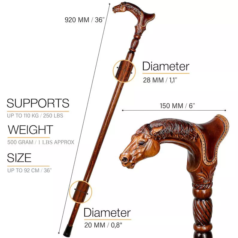 Designer Art Wooden Cane badass Walking Stick Horse with Saddle, Fancy decorative canes for ladies and men