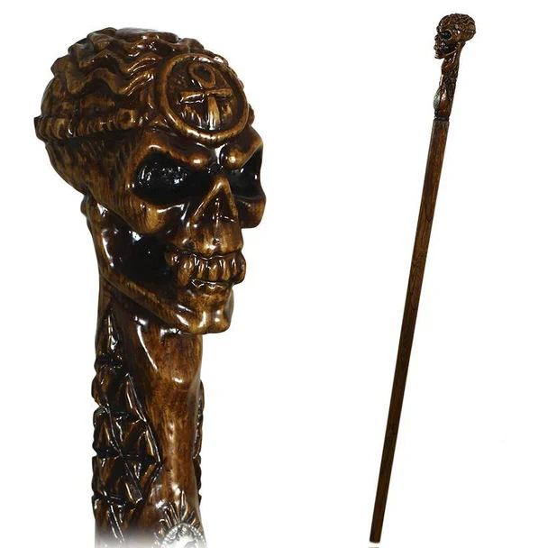 EGYPTIAN SKULL Wooden Walking Stick Cane Ankh Cross