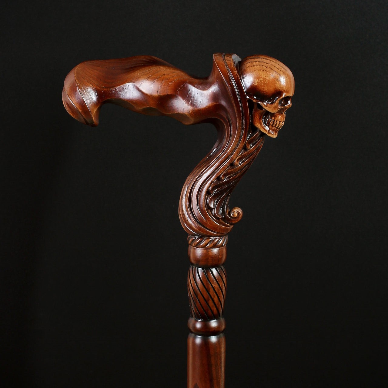 Skull Cane Wooden Walking Stick - Ergonomic Palm Grip Handle