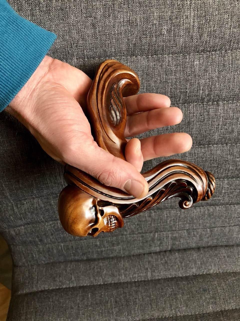 Skull Cane Wooden Walking Stick - Ergonomic Palm Grip Handle