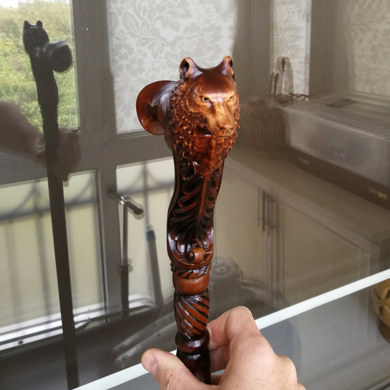 Wolf Wooden Walking Cane stick - Ergonomic Palm Grip Handle