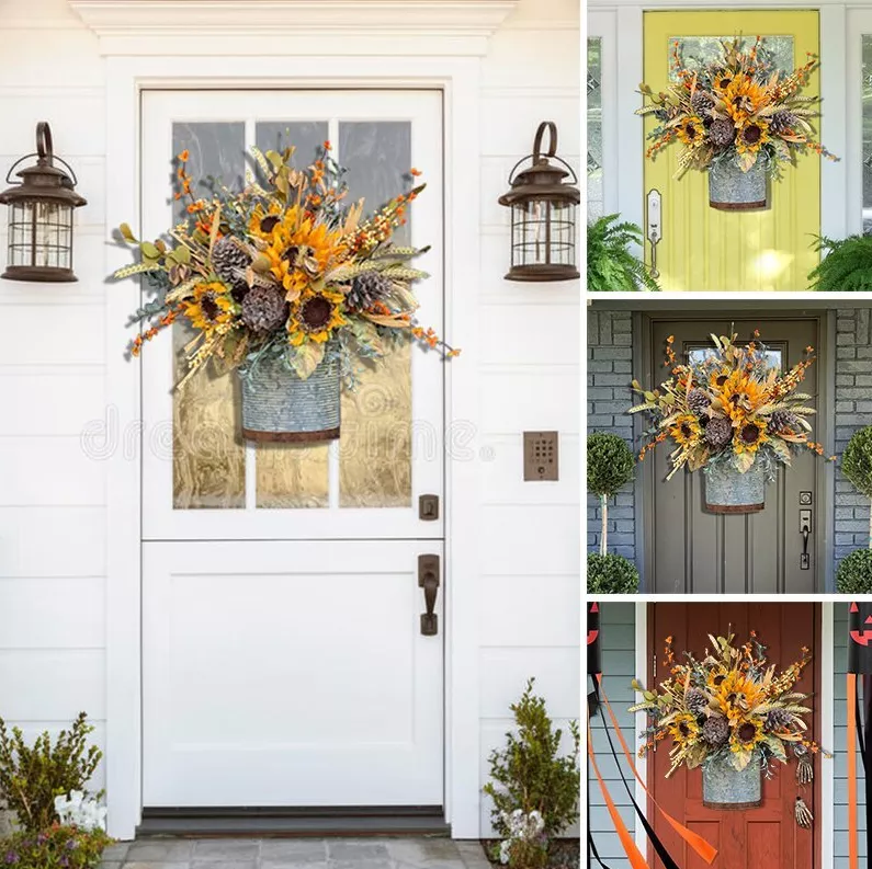 Farmhouse Sunflower Door Basket-The Flowerpot Door Wreath is Unique,Spring Summer Artificial Flowers Decor,Beautiful Artificial Wreath Decor