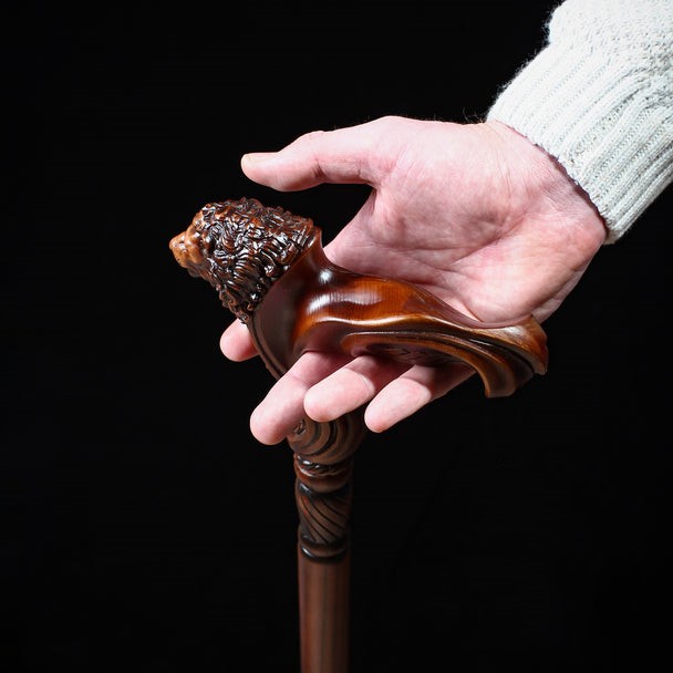 Wooden Walking Stick Cane Lion Head - Palm Grip Ergonomic Handle