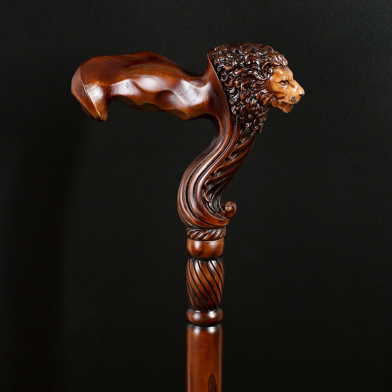 Wooden Walking Stick Cane Lion Head - Palm Grip Ergonomic Handle