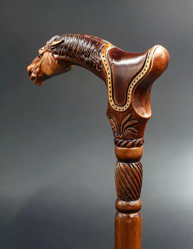 Designer Art Wooden Cane badass Walking Stick Horse with Saddle, Fancy decorative canes for ladies and men
