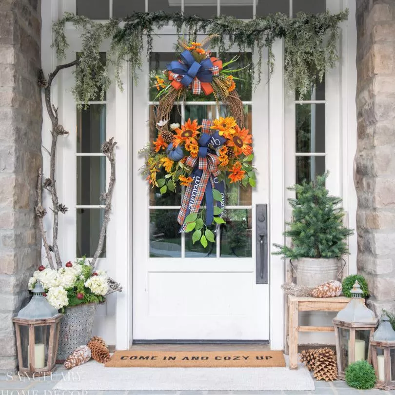 Blue Autumn Pumpkin Swag Fall Door Wreath