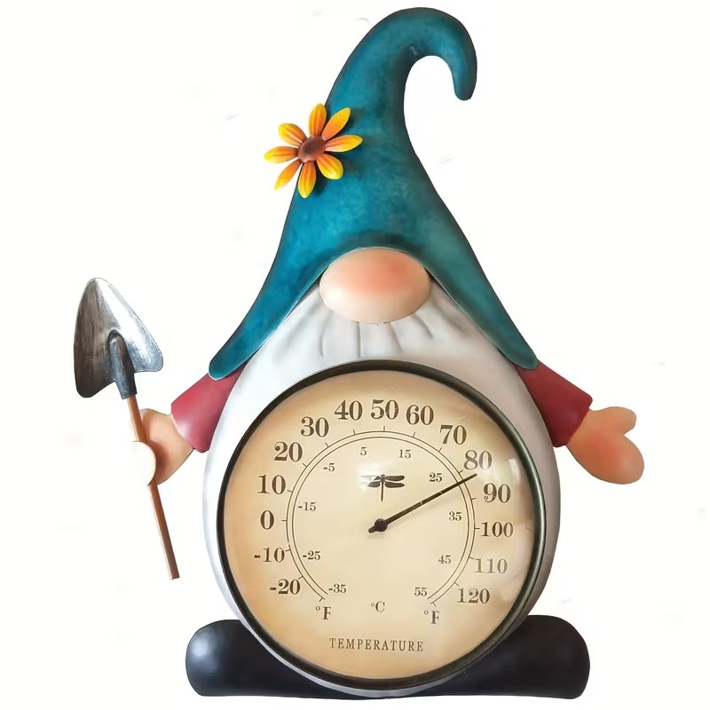 Metal Gnome Thermometerndoor and Outdoor Wall Art Decoration Plaque Sculpture,No Batteries Required