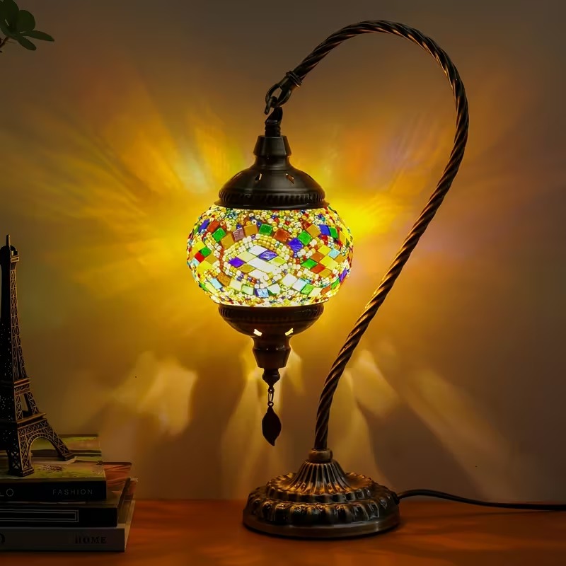 Mosaic Table Lamp, Moroccan Style Table Lamp with Metal Base 3 Colors Handmade Swan Neck Mosaic Glass Bedside Lamp