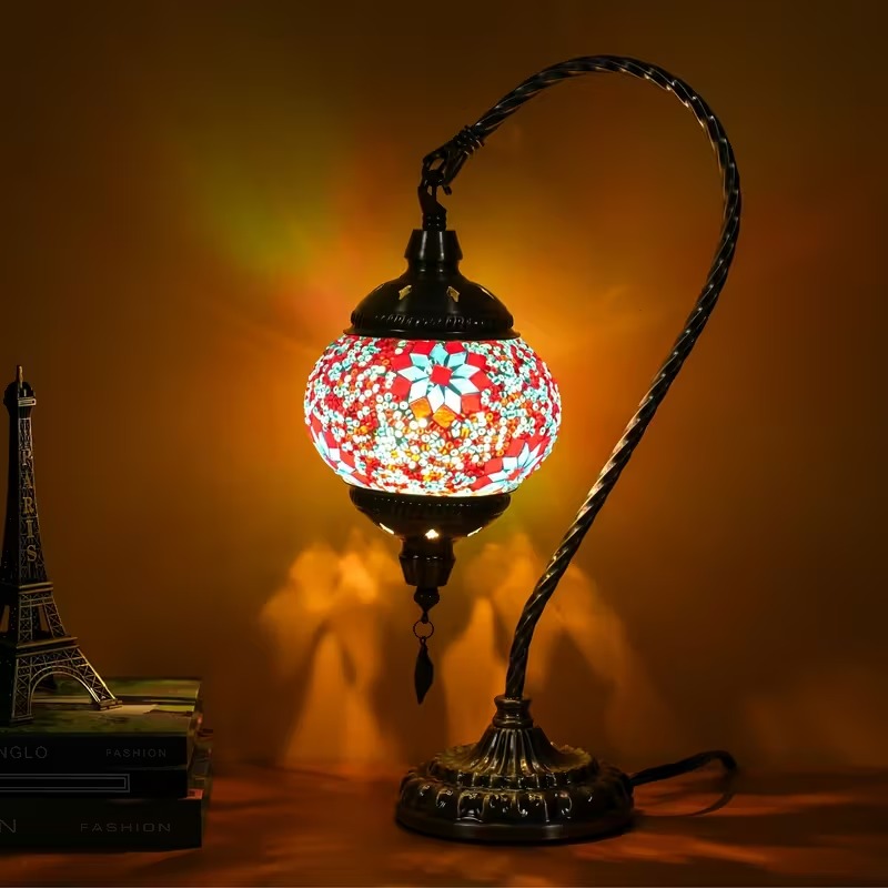 Mosaic Table Lamp, Moroccan Style Table Lamp with Metal Base 3 Colors Handmade Swan Neck Mosaic Glass Bedside Lamp