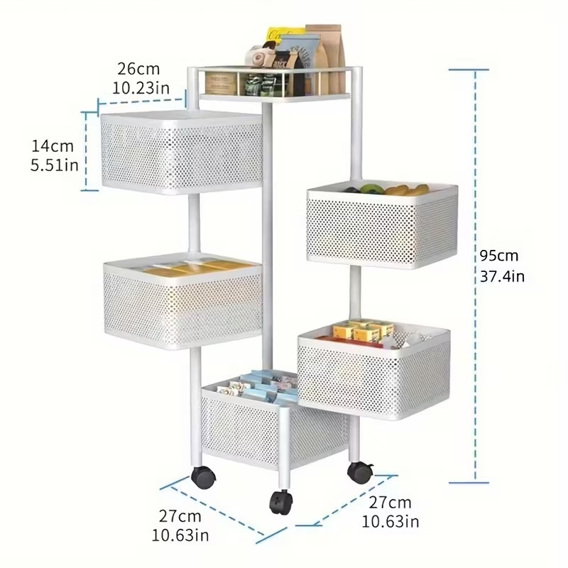 Five-Tier Rotating Shelf for Office Storage, Mobile Multi-Layer Rack with Rolling Baskets