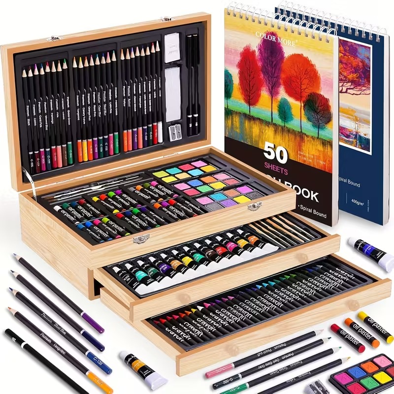 175pcs Deluxe Art Set With 2 Drawing Pads, Crayons, Acrylic Paints, Colored Pencils Set In Wooden Case