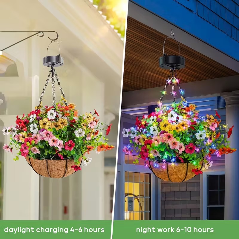 1-Pack Solar-Powered Hanging Lights with Auto On/Off Sensor, Solar Flower Basket Lights with Fake