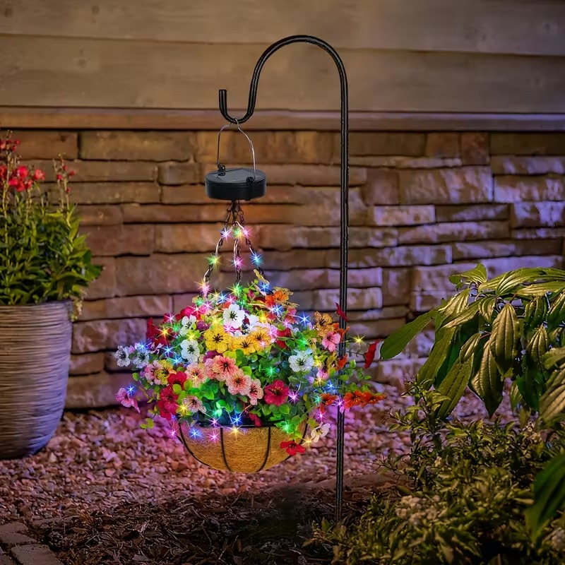1-Pack Solar-Powered Hanging Lights with Auto On/Off Sensor, Solar Flower Basket Lights with Fake