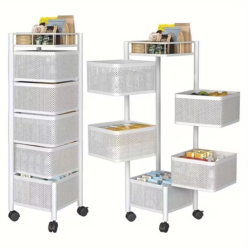 Five-Tier Rotating Shelf for Office Storage, Mobile Multi-Layer Rack with Rolling Baskets