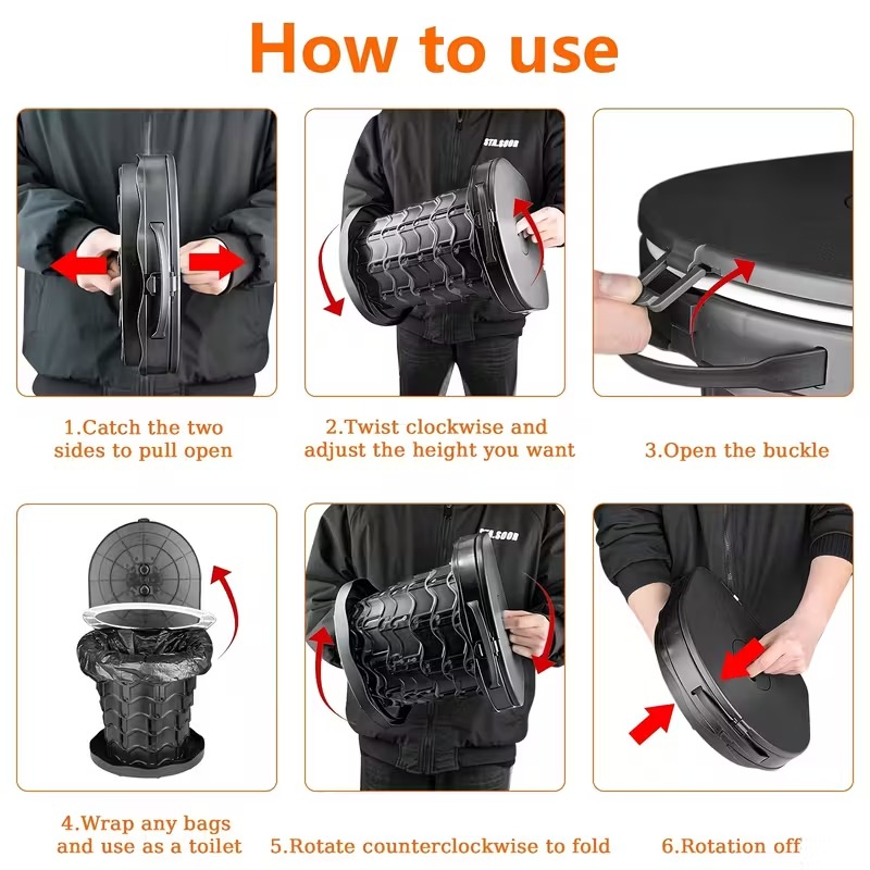 Adjustable Height Folding Toilet with Trash Bags And Storage Pouch,Supports Up to 400 Pounds