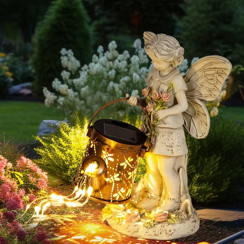 Solar-Powered Outdoor Angel Statue with Watering Can String Lights - 36 Warm White LEDs, Metal & Resin Garden Decor