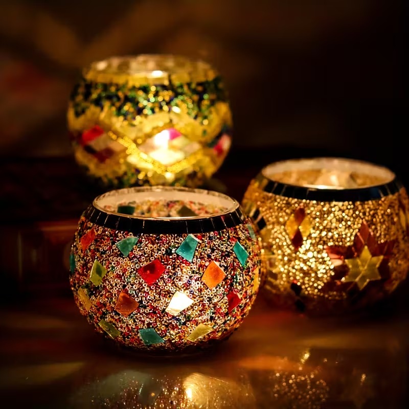 3pcs Handcrafted Mosaic Candle Holder Set - Colorful Glass Tea Light Holders with Star & Moon Designs