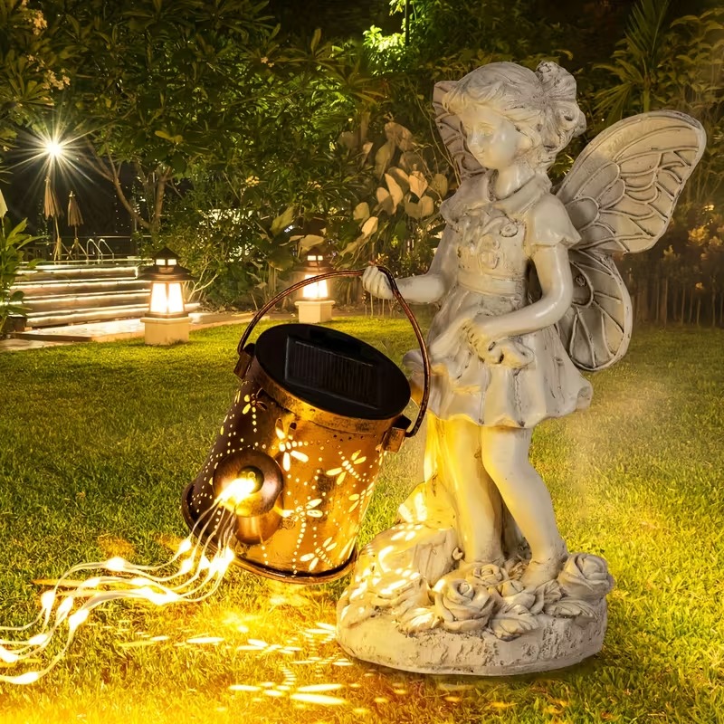 Solar-Powered Outdoor Angel Statue with Watering Can String Lights - 36 Warm White LEDs, Metal & Resin Garden Decor
