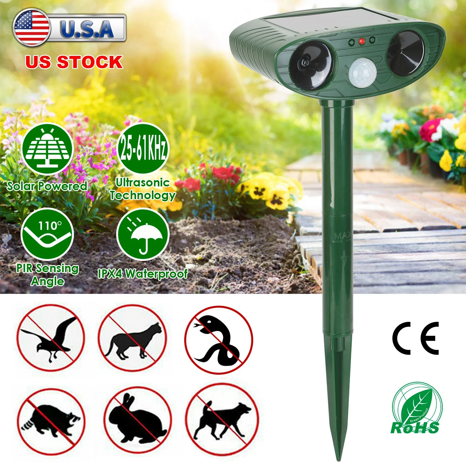 2026 Solar Ultrasonic Animal Rat Repeller Repellent PIR Motion
