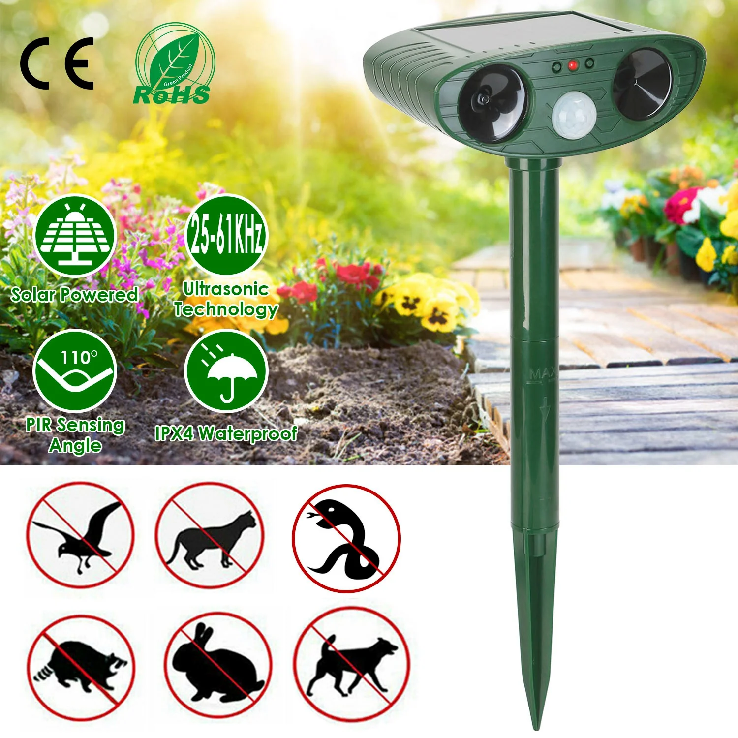 2026 Solar Ultrasonic Animal Rat Repeller Repellent PIR Motion