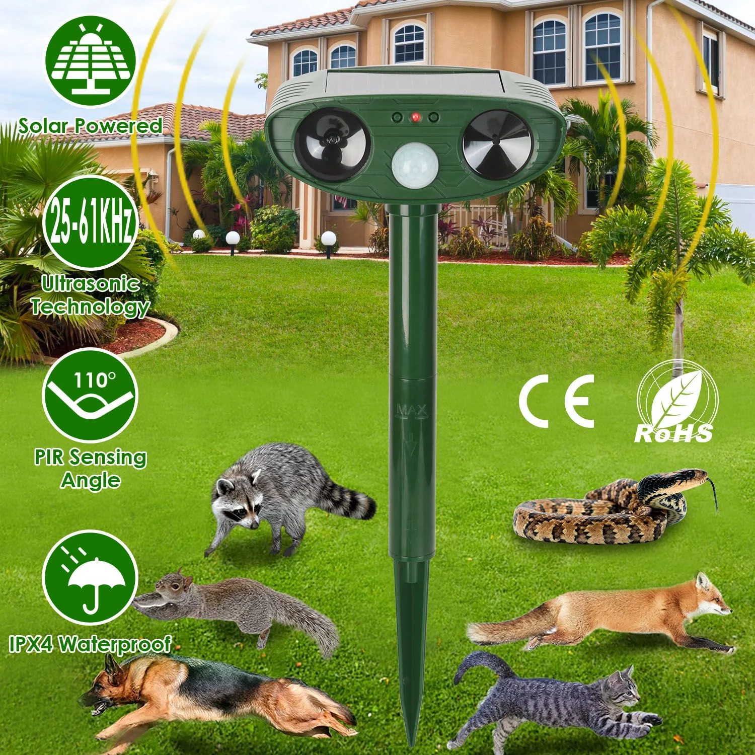 2026 Solar Ultrasonic Animal Rat Repeller Repellent PIR Motion