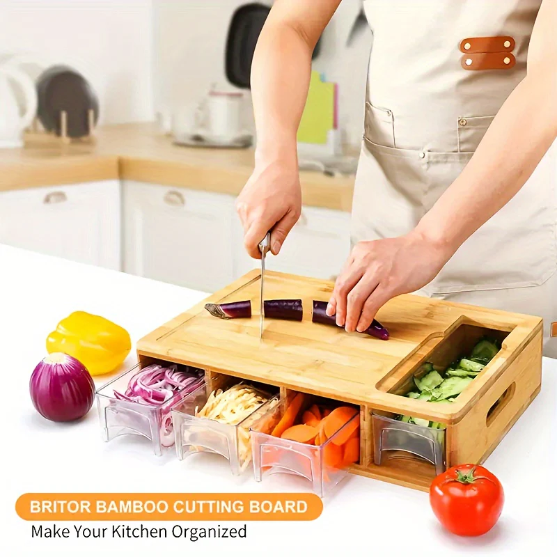Bamboo Cutting Board with Storage Trays & Graters | Multifunctional Kitchen Prep Station