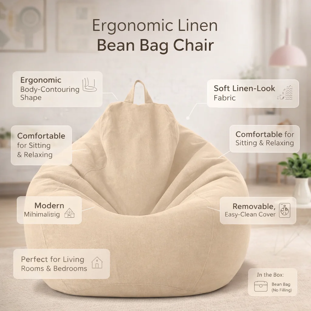 Bean Bag Chair Linen Ergonomic Lounger Home Relaxation