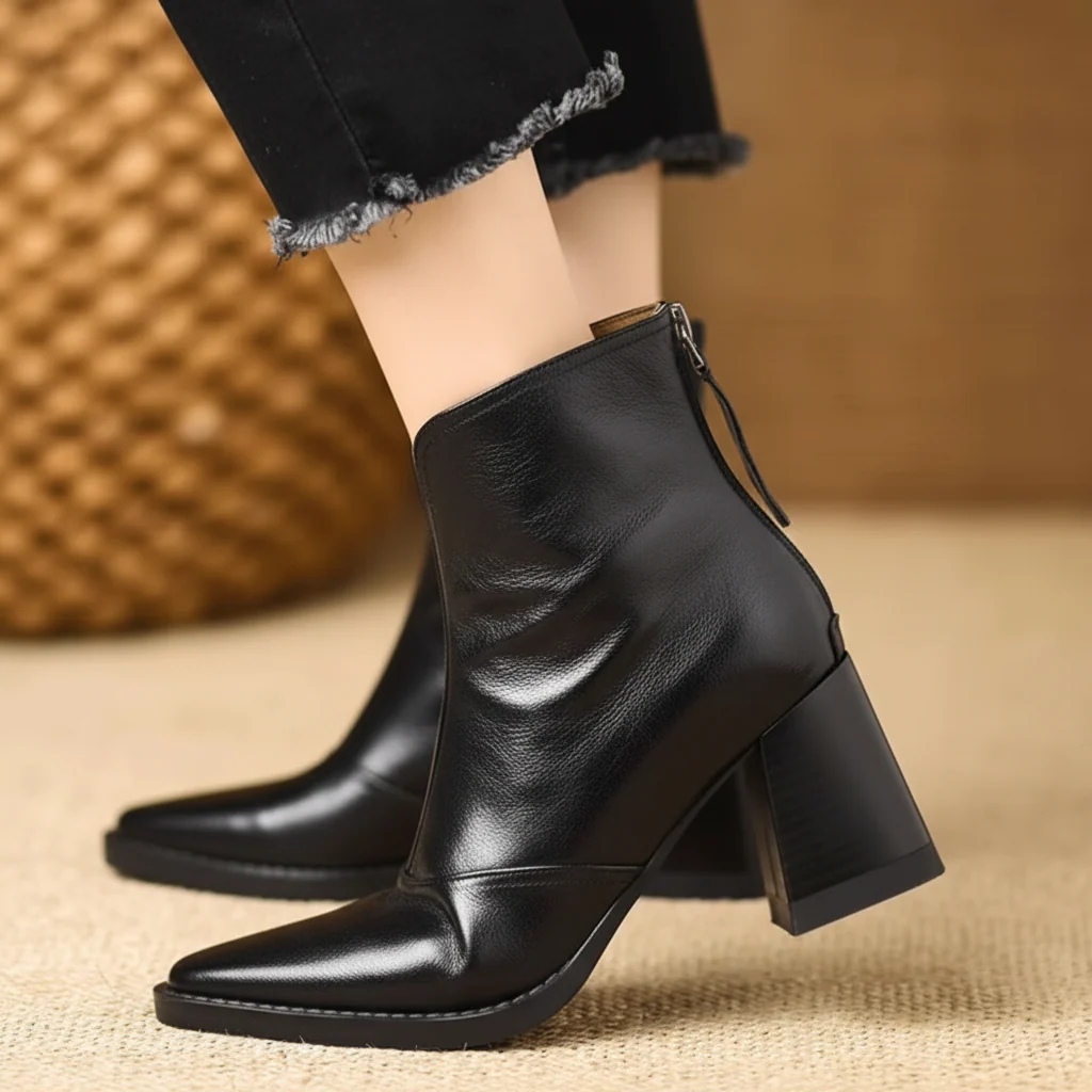 Ankle Boots Women Mid Heel Zipper Casual Dress Shoes