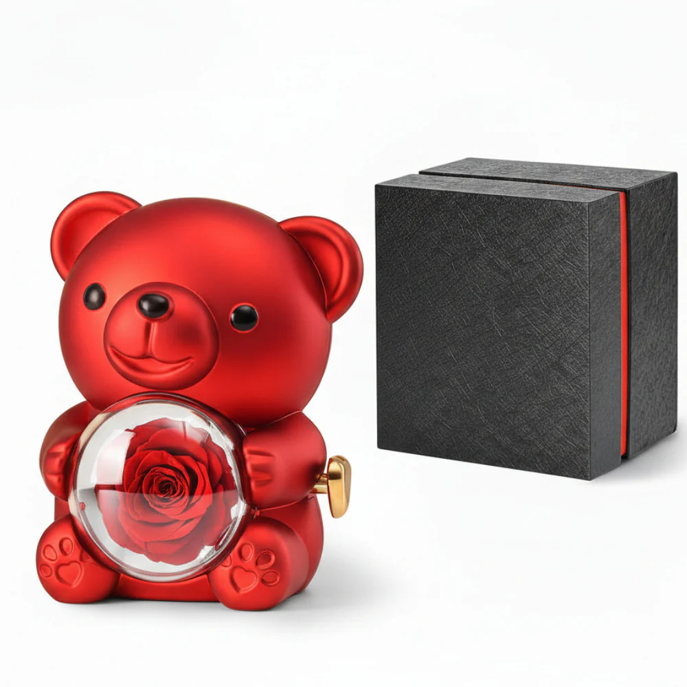 Gift Box Teddy Bear Preserved Rose Jewelry Display