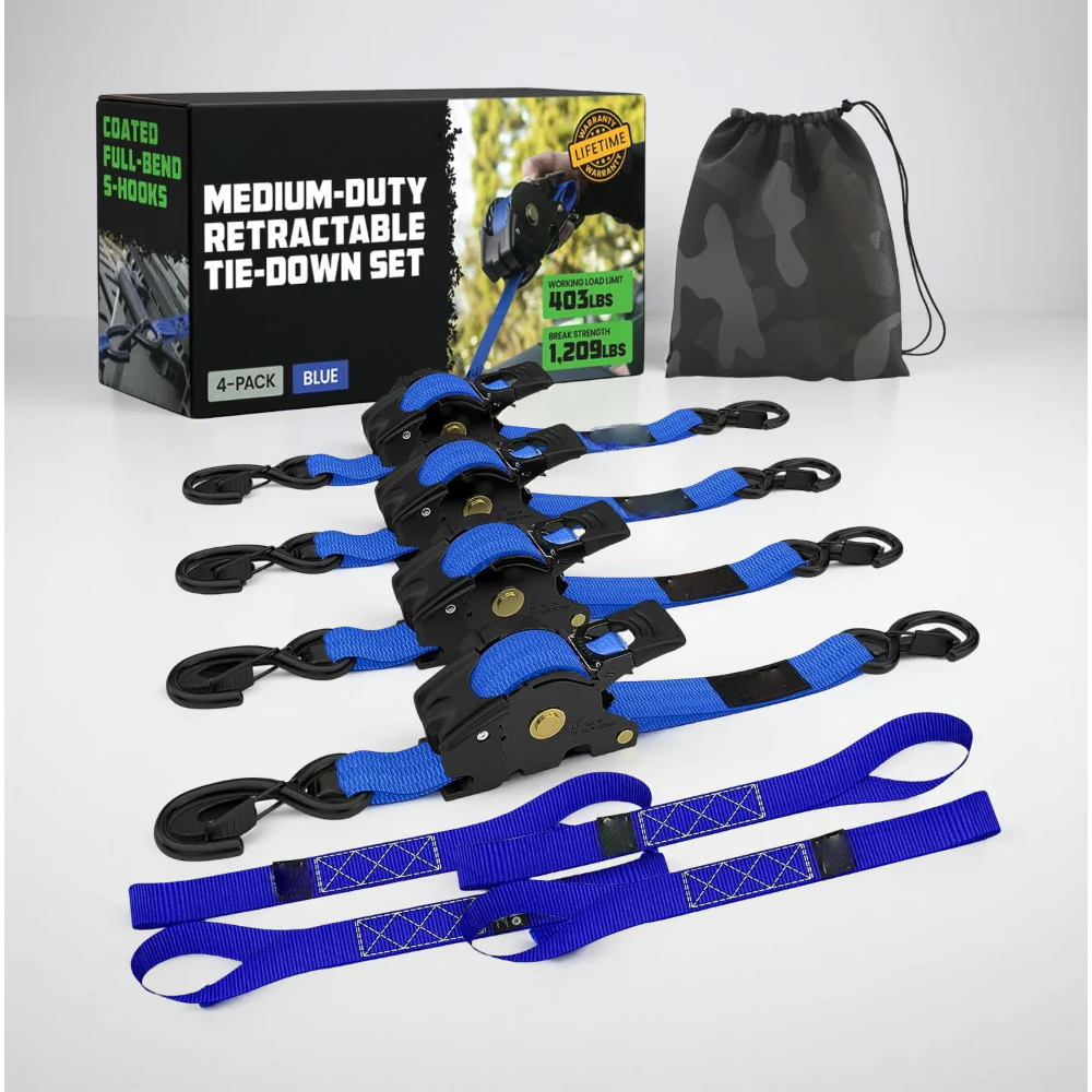 Ratchet Straps Cargo Retractable Tie Down Heavy Duty Hook Set