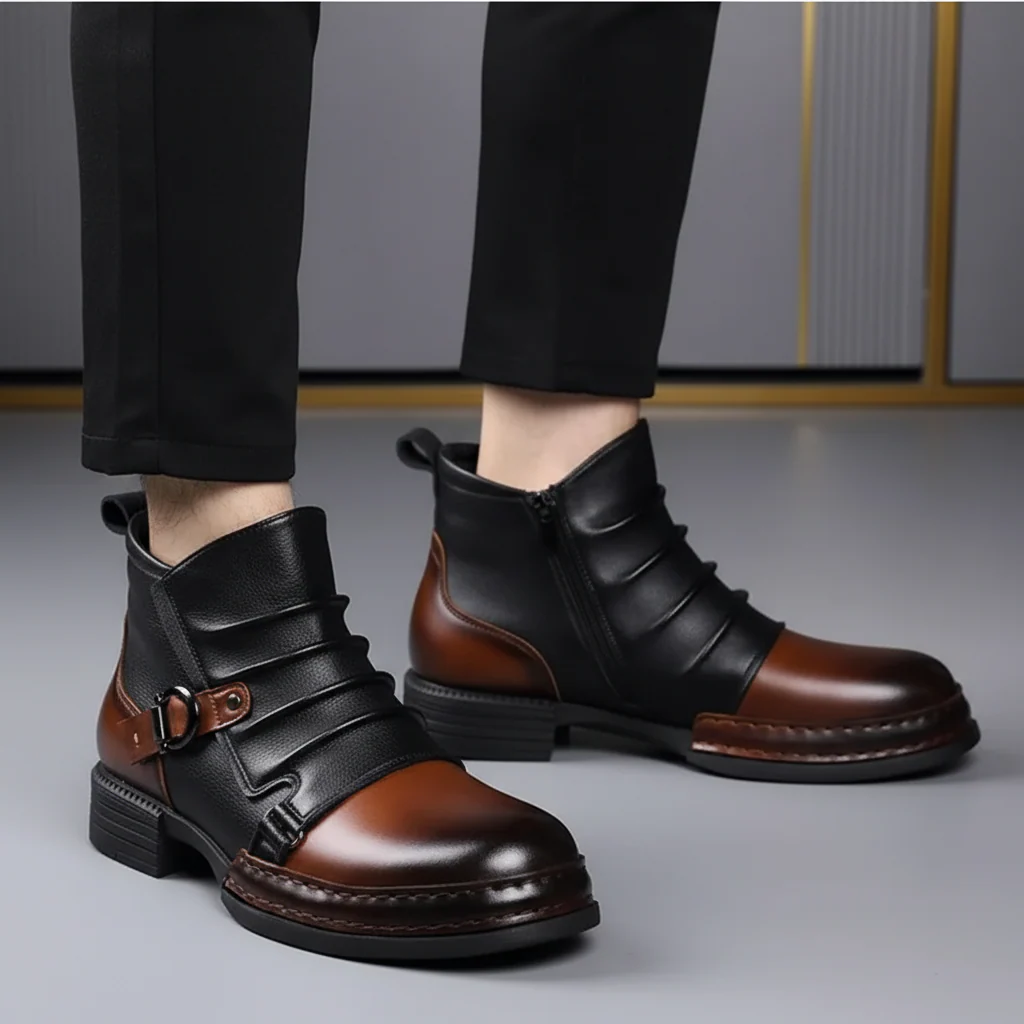 Men Ankle Boots Leather Buckle Side Zip Casual Dress Shoes