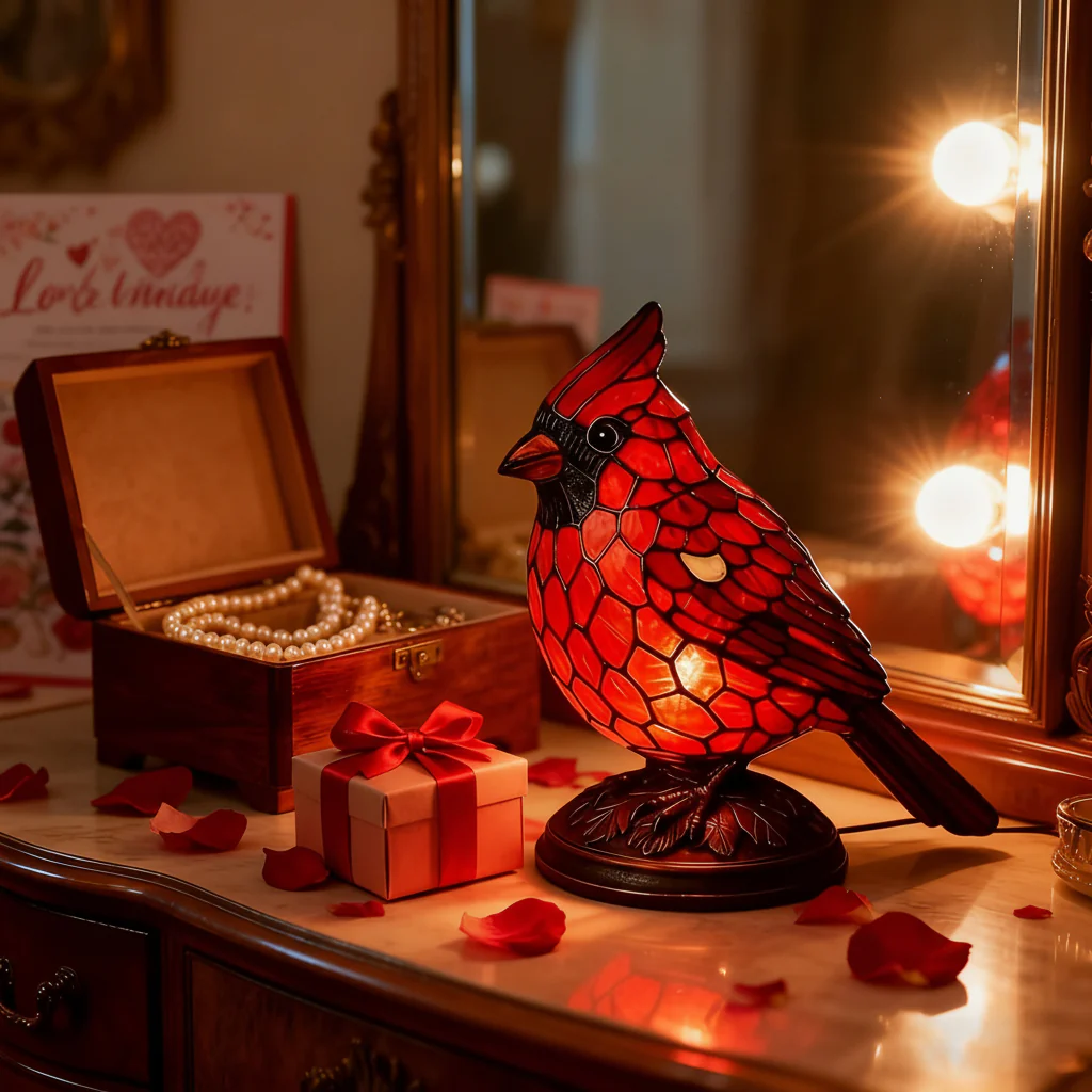 Table Lamp Red Cardinal Bird USB Powered Art Glass Lighting
