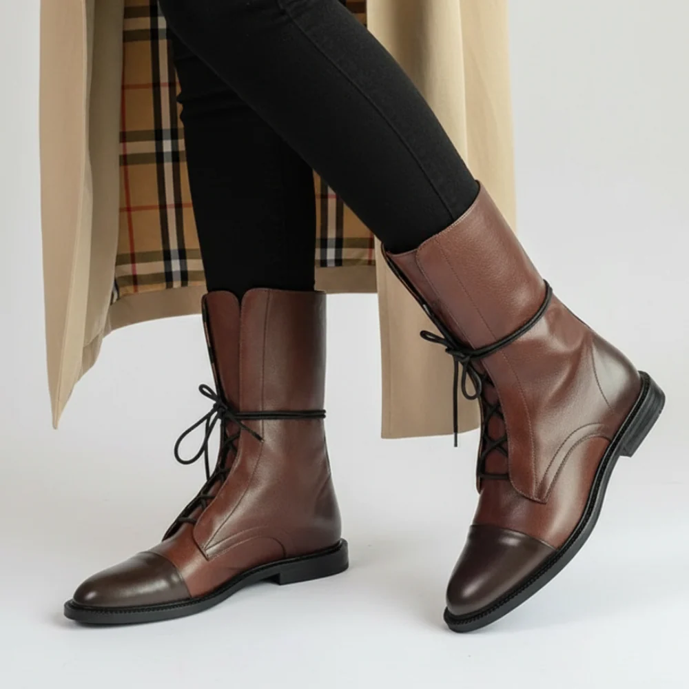 Women Ankle Boots Lace Up Leather Dress Booties