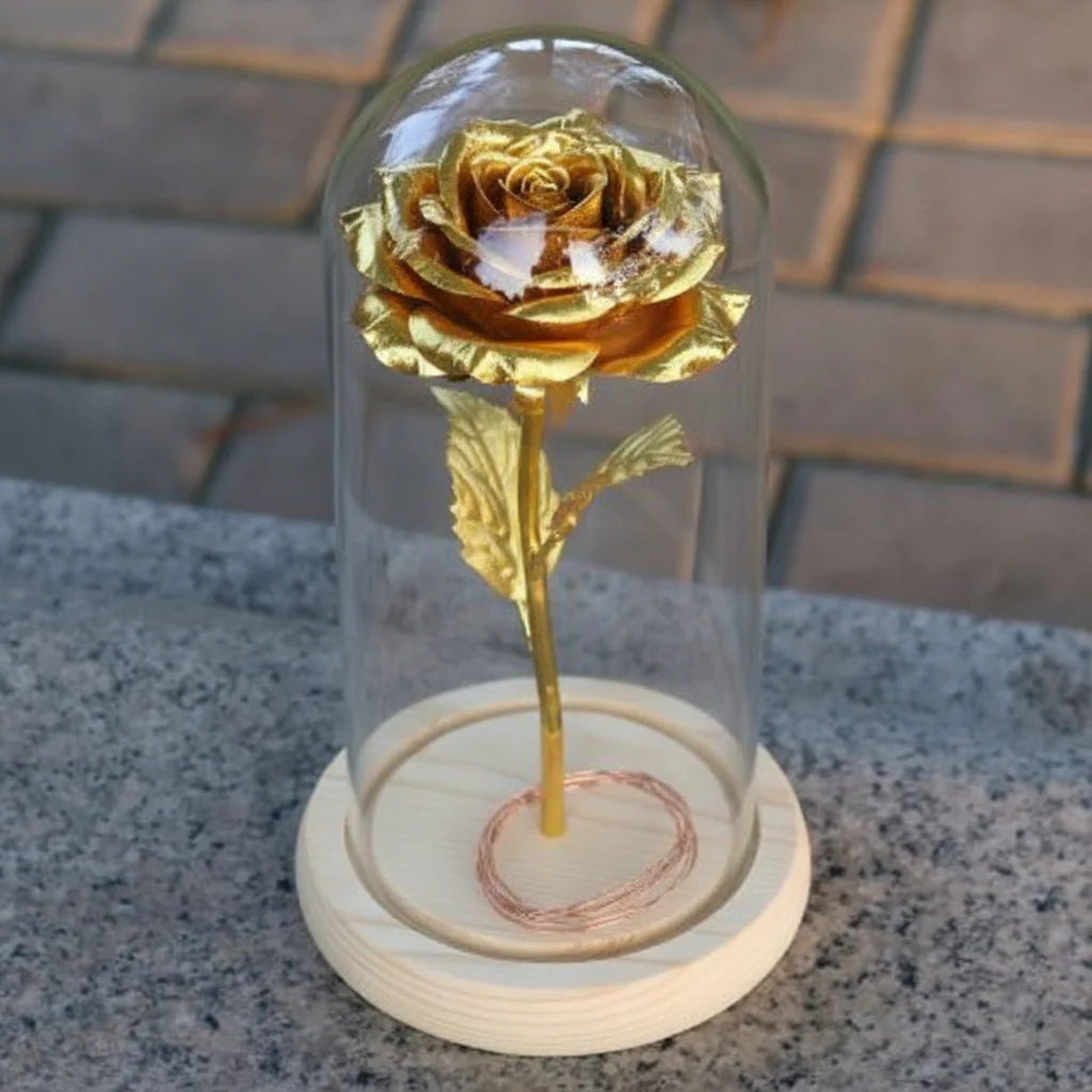 Table Lamp Glass Dome Rose Led Lights Wooden Base