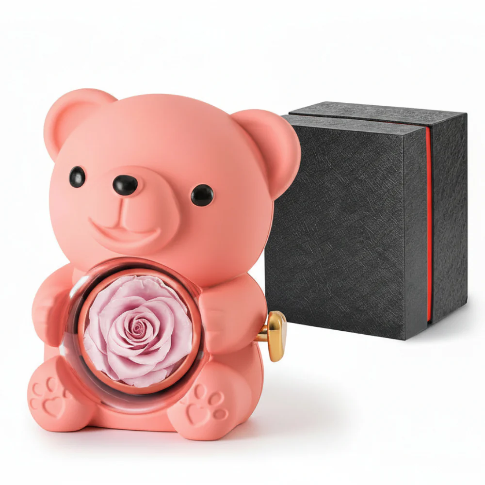 Gift Box Teddy Bear Preserved Rose Jewelry Display