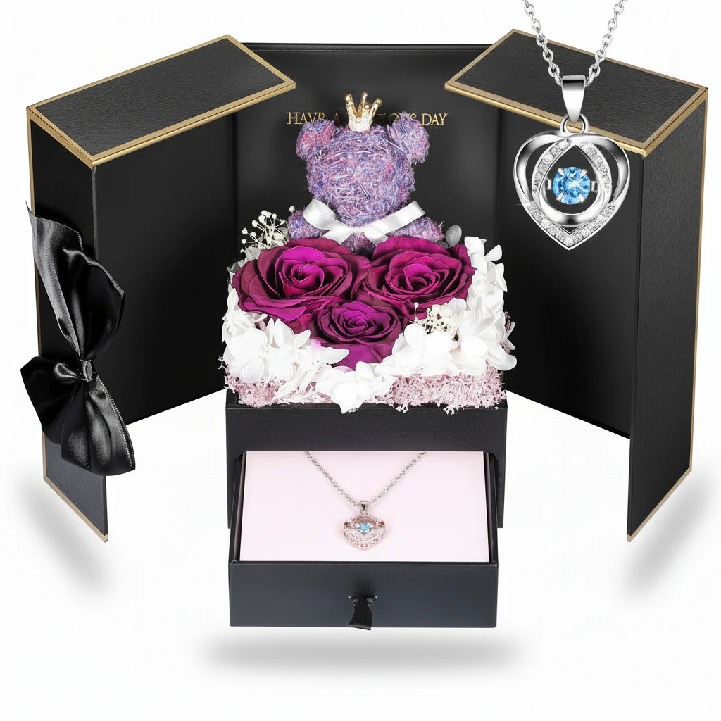 Gift Box Rose Preserved Heart Bear and Hidden Necklace