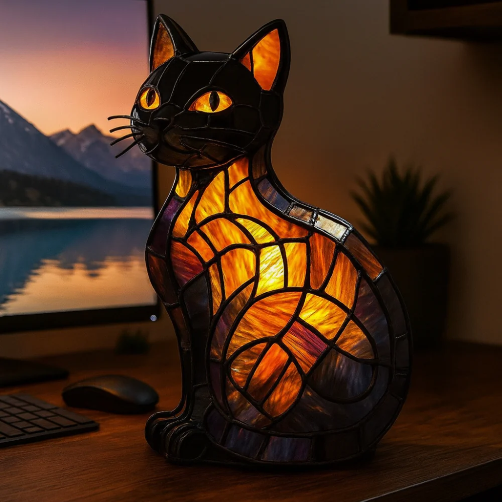 Table Lamp Cat Stained Glass Style Night Light