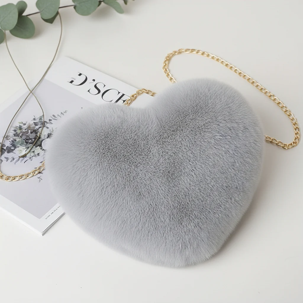 Shoulder Bag Faux Fur Heart Crossbody Chain Purse