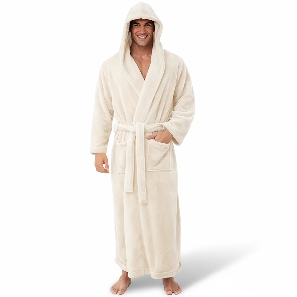 Bathrobe Hooded Mens Plush Long Robe Warm Winter Lounge Wear